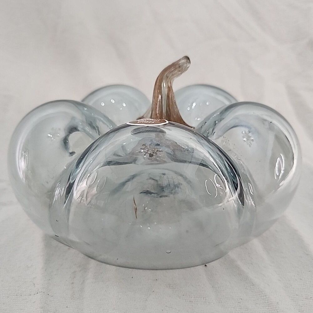 Glass Pumpkin Clear W/ Gold Glitter Shimmer Stem Hand Blown Artisan 7"W X 4.5"H